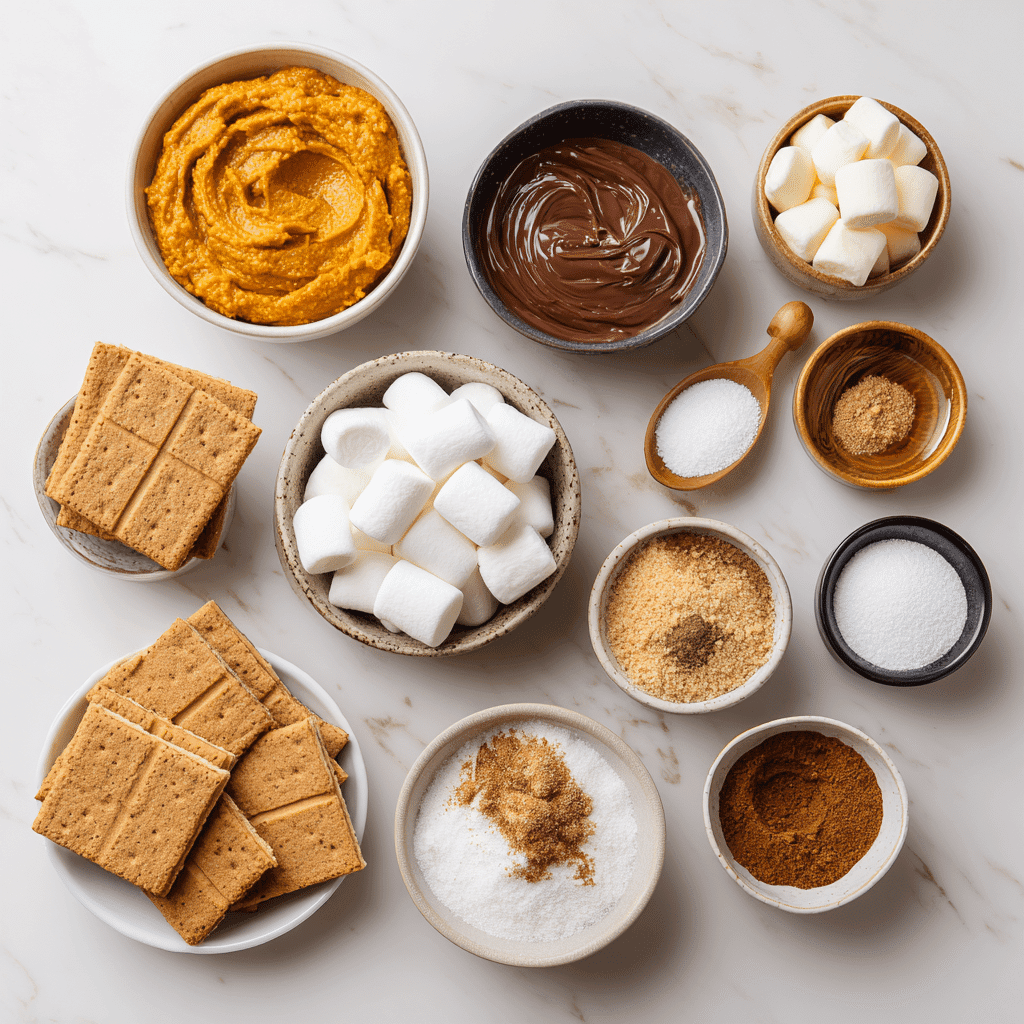 Ingredients for pumpkin s’mores cookies laid out on a table
