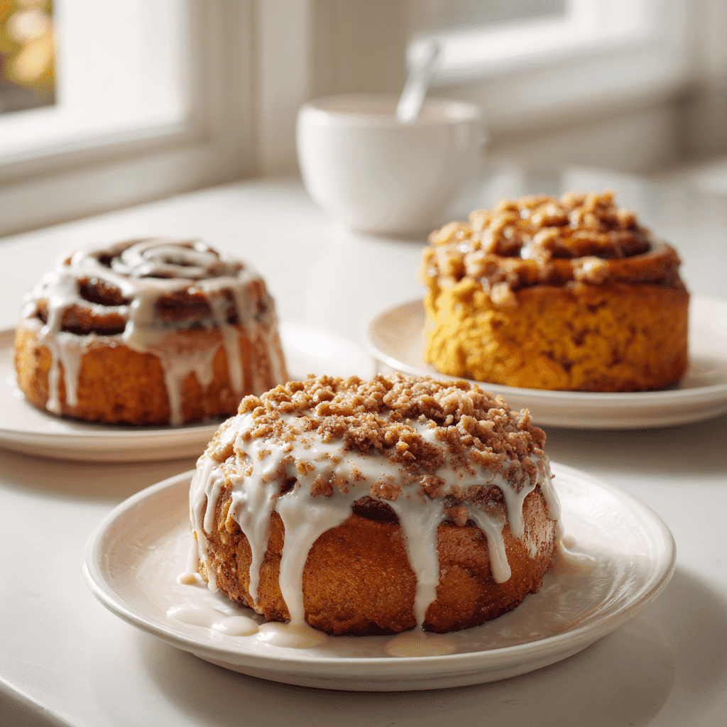 Three types of pumpkin cinnamon roll toppings