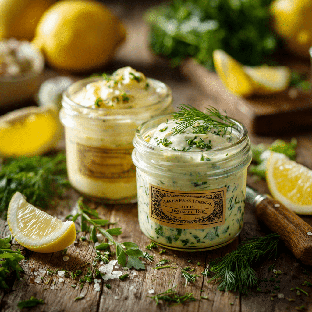 Two jars of lemon dressing variations—one creamy, one herb-infused—surrounded by fresh ingredients