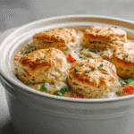 Slow cooker chicken pot pie with golden biscuit topping and creamy chicken vegetable filling in a white ceramic crock.