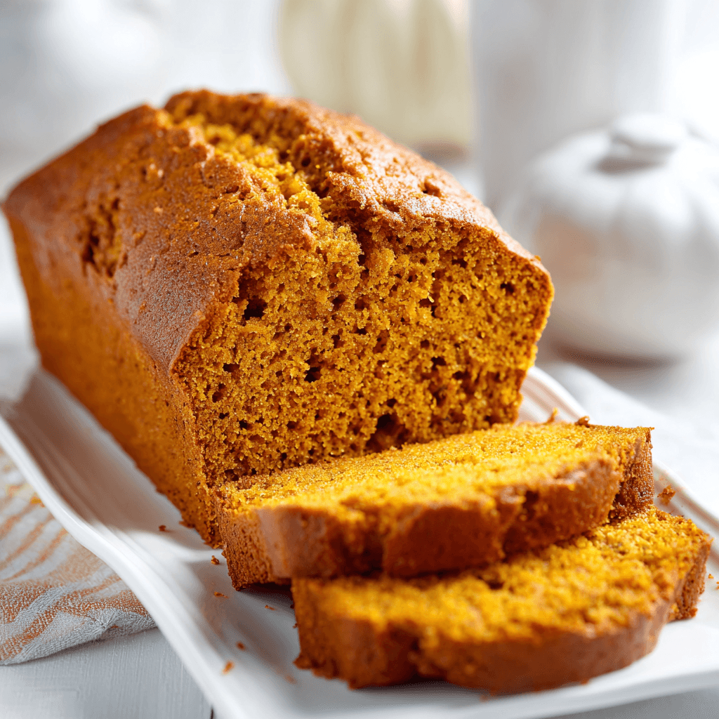 Moist, spiced pumpkin bread loaf sliced on a white plate with bright kitchen background