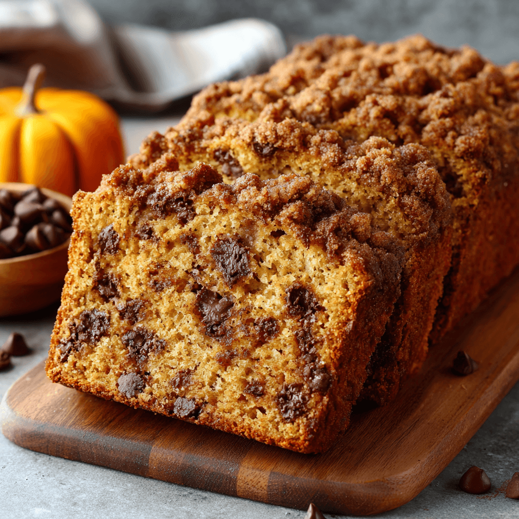 Banana chocolate chip pumpkin bread with a golden streusel topping on a wooden cutting board.