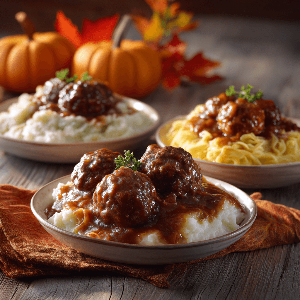 Meatballs and gravy served over mashed potatoes, rice, and noodles with fall-themed table decor.