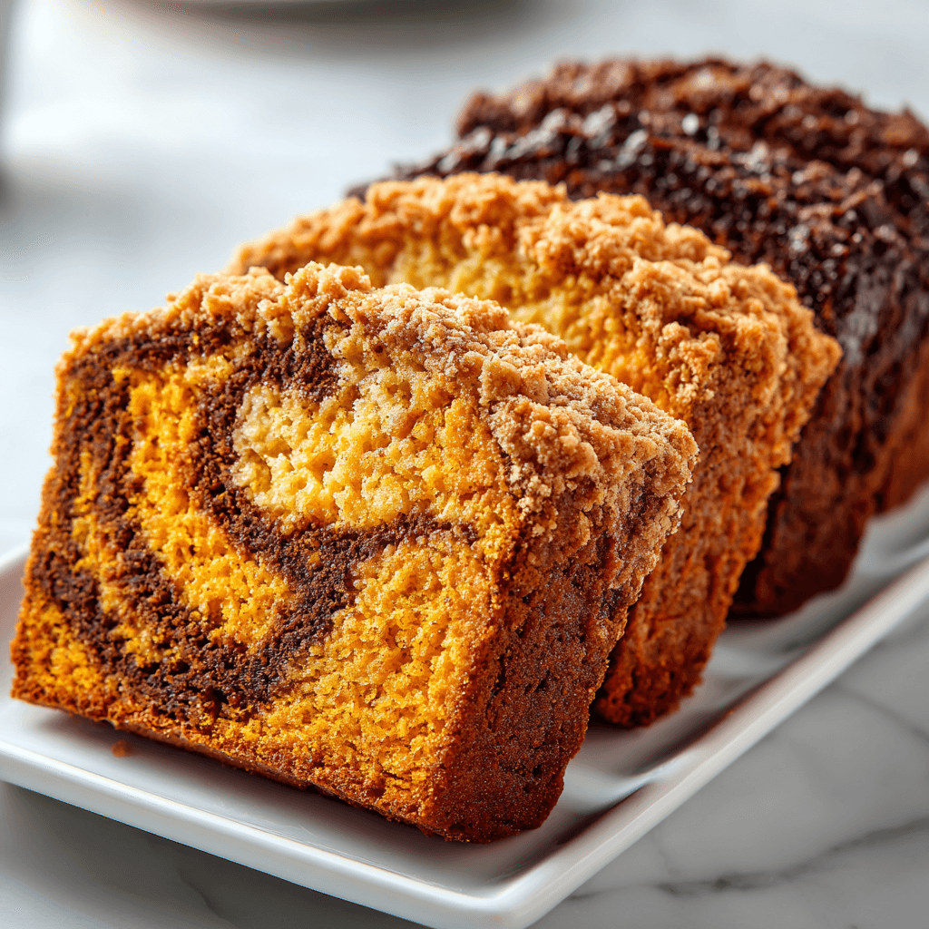 Three slices of pumpkin bread: plain, streusel topping, and chocolate swirl