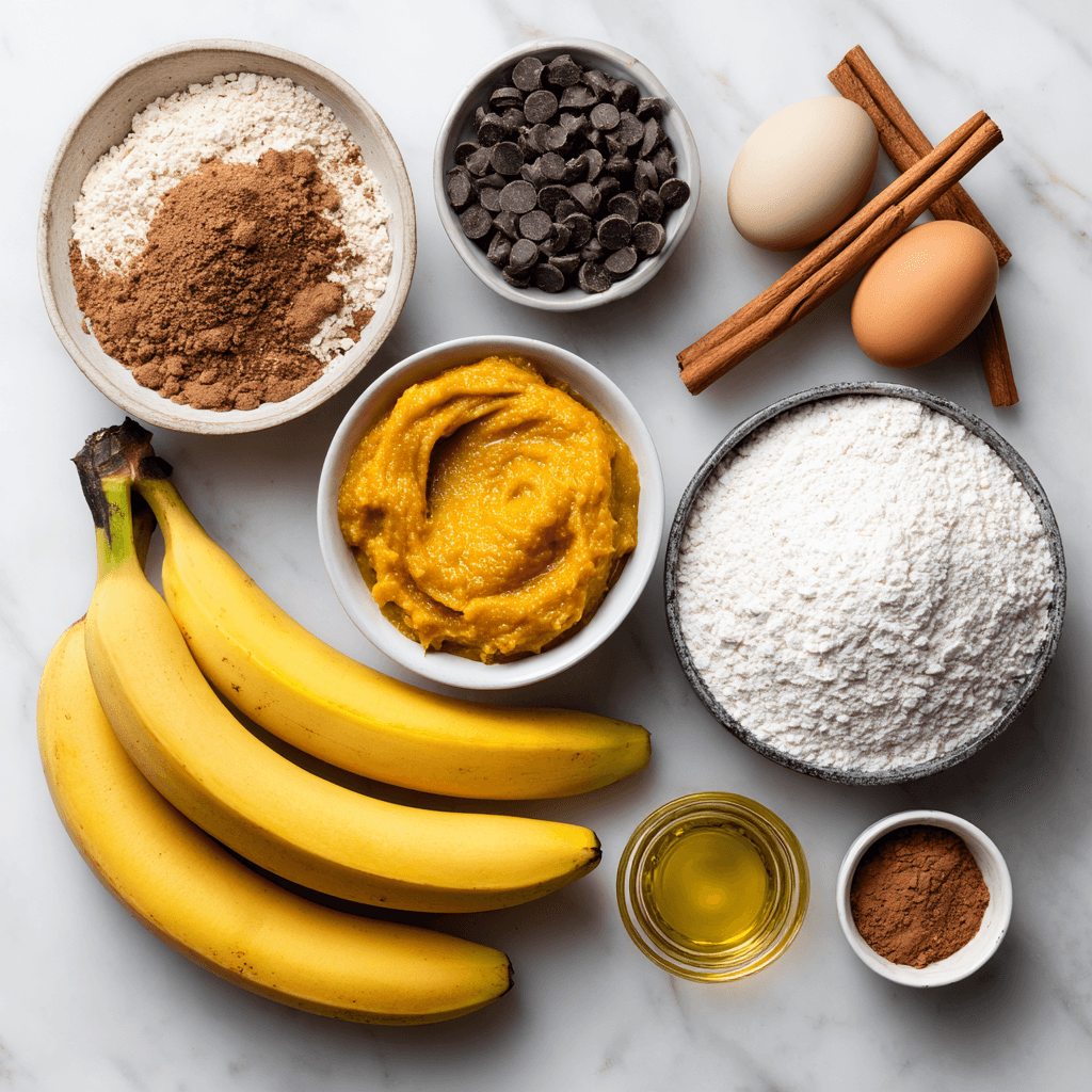 Flat lay of ingredients for banana chocolate chip pumpkin bread including bananas, pumpkin purée, and chocolate chips.