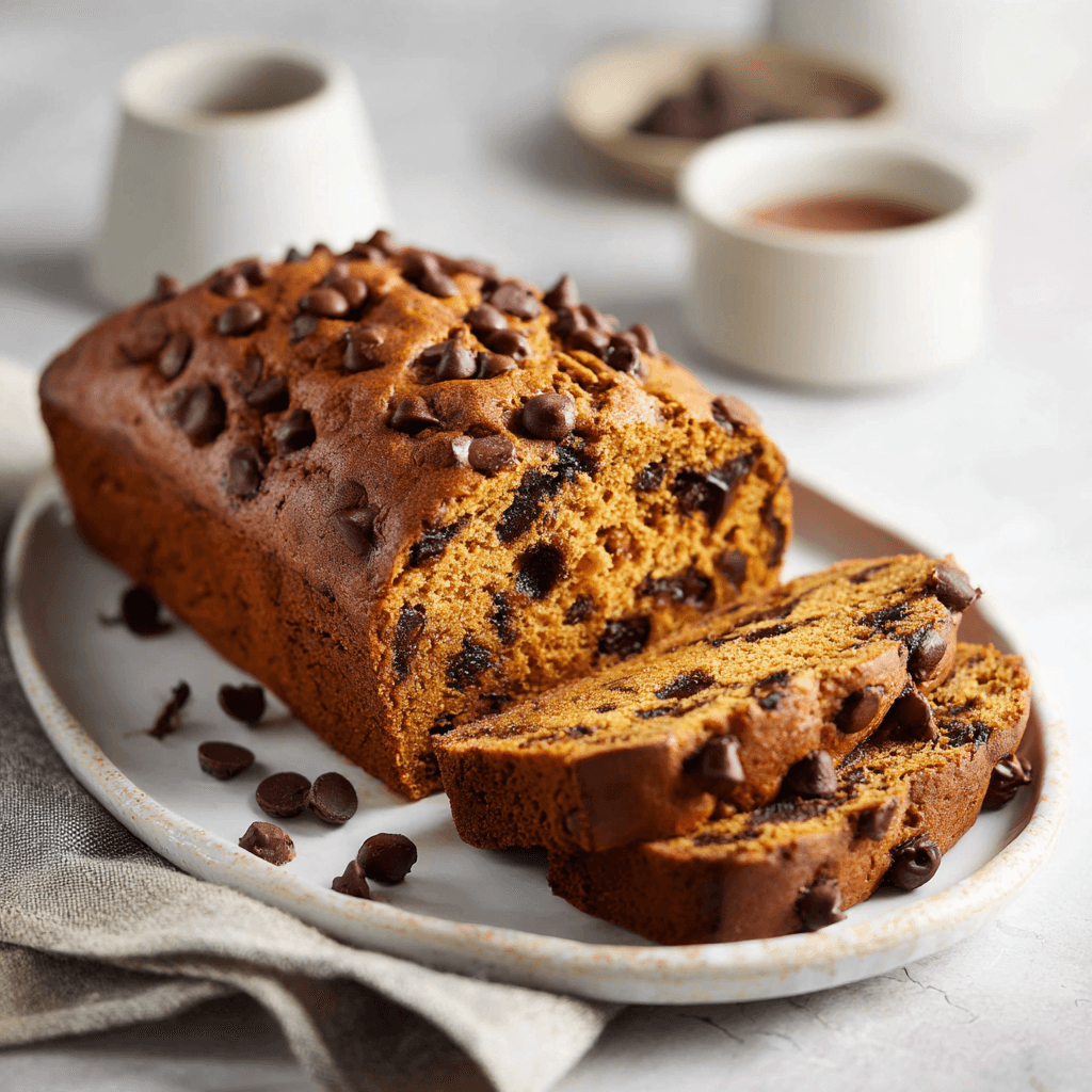 Freshly sliced banana chocolate chip pumpkin bread on a white plate with melted chocolate chips in a bright kitchen.