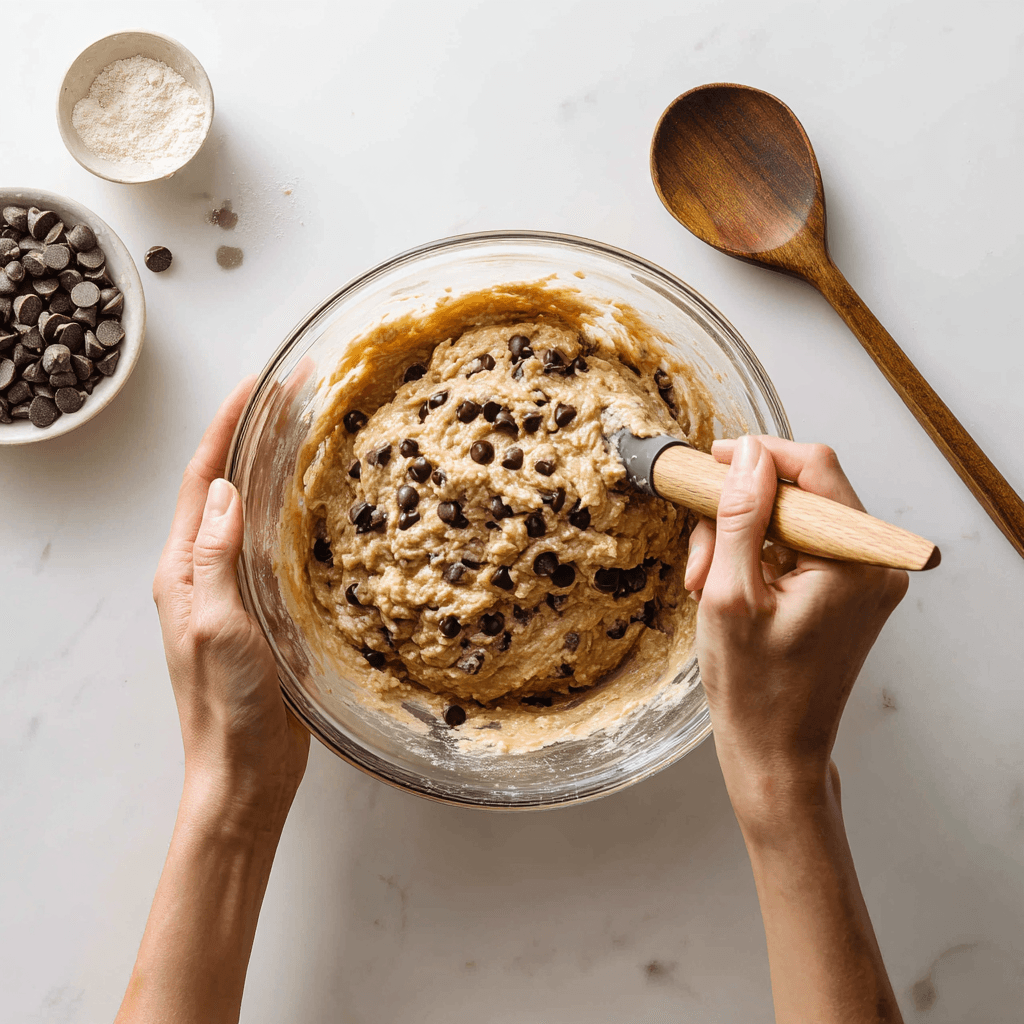 Hands folding chocolate chips into banana chocolate chip pumpkin bread batter in a glass mixing bowl.