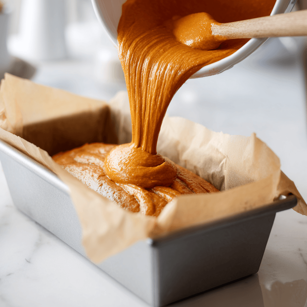 Pumpkin bread batter being poured into a parchment-lined loaf pan