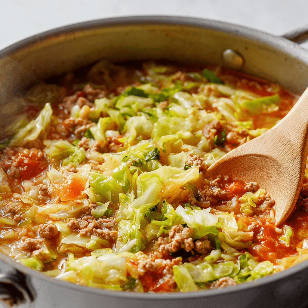 Stirring chopped cabbage into a pot of cabbage roll soup.