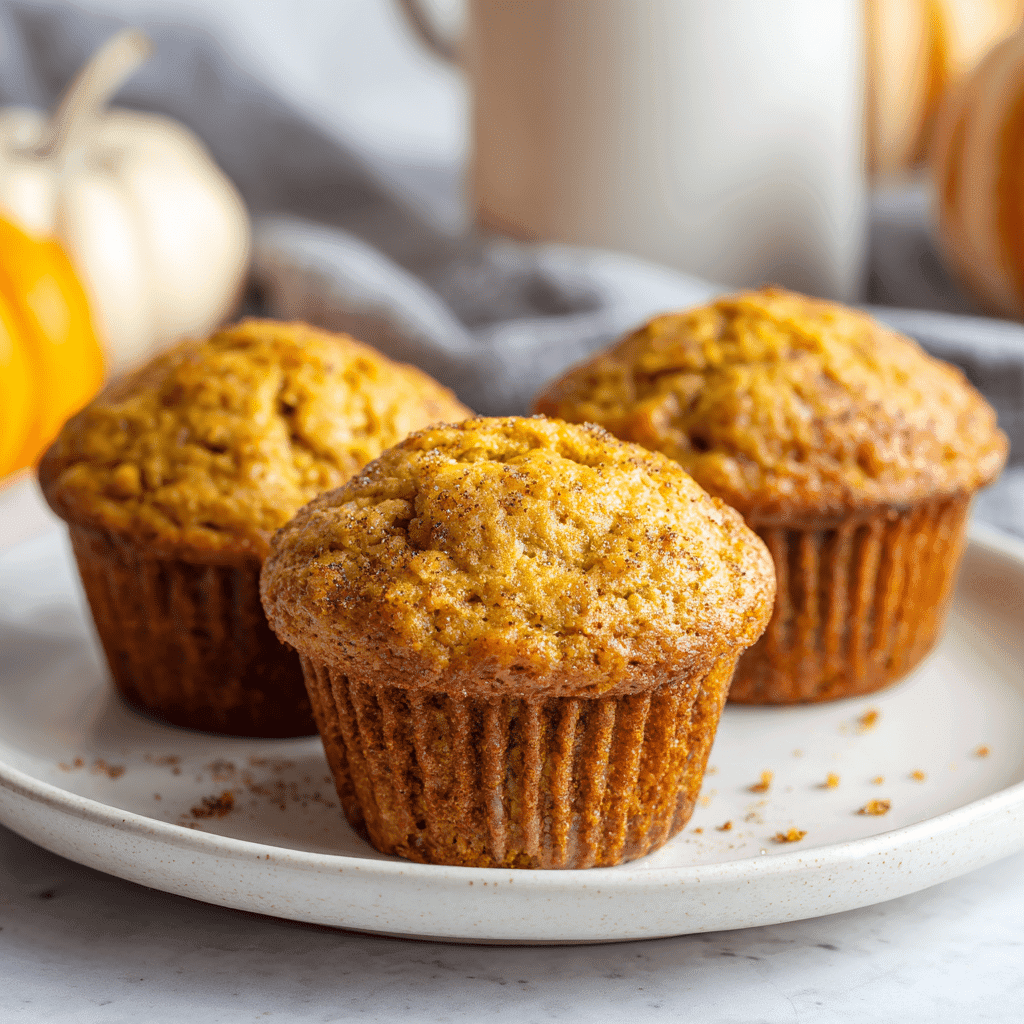 Close-up of freshly baked pumpkin muffins on a white plate in a bright kitchen