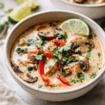 Easy Thai Chicken Soup with chicken, vegetables, and coconut broth in a bowl