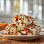 Thai peanut chicken wraps sliced in half on a white plate with creamy sauce