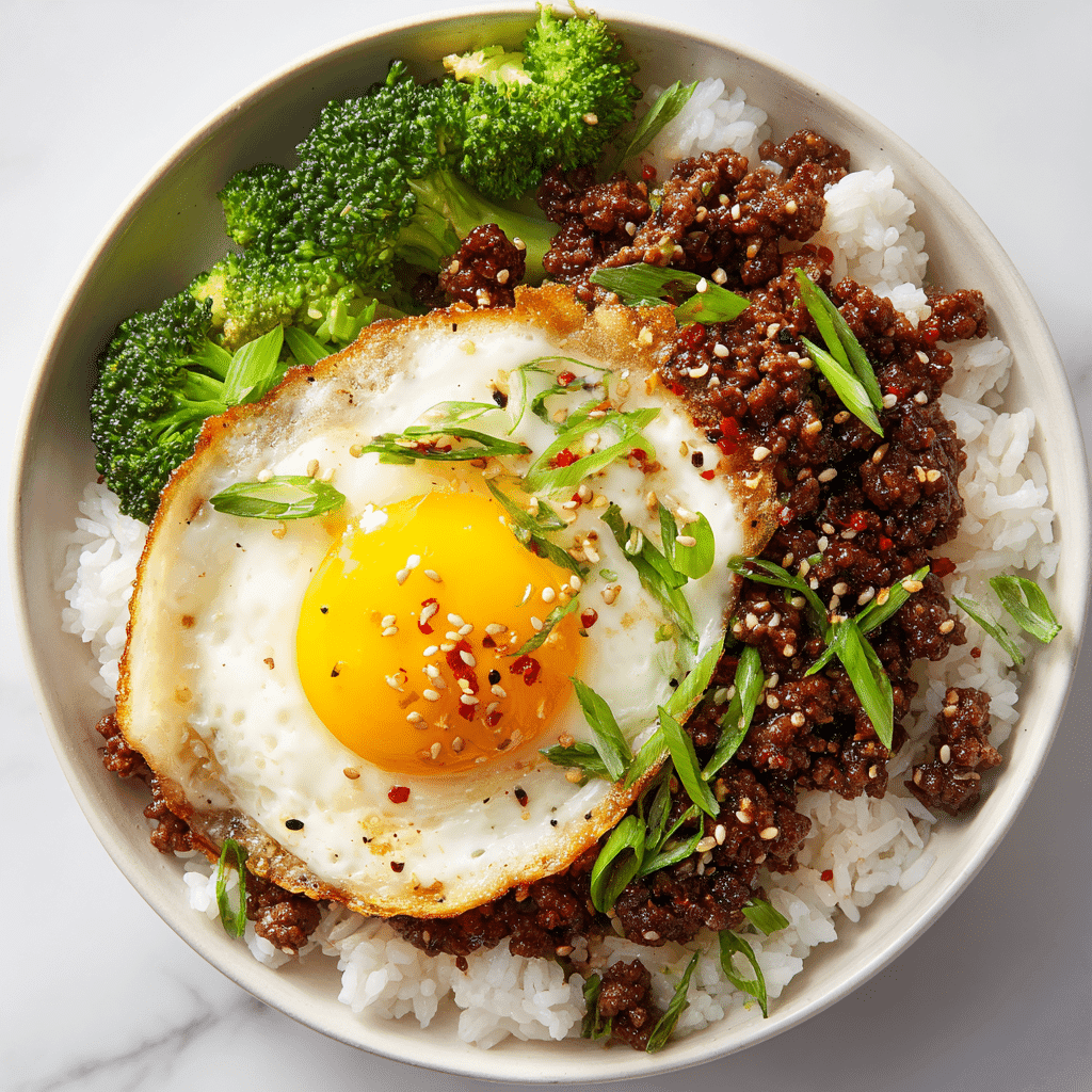 Korean ground beef bowl served over white rice with green onions, sesame seeds, fried egg, and steamed broccoli