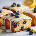Moist lemon blueberry sheet cake with glaze and fresh blueberries