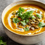 Creamy coconut curry pumpkin soup served in a bowl with coconut milk swirl, cilantro, and pumpkin seeds.