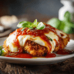 Baked Chicken Parmesan on a plate with cheese and tomato sauce