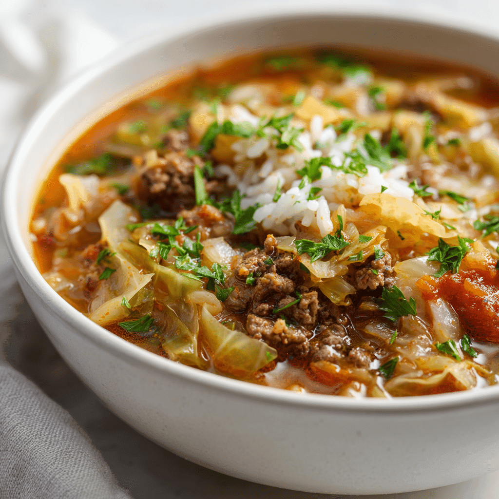Hearty cabbage roll soup with beef, rice, and cabbage in a white bowl.