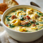 Creamy sausage tortellini soup with spinach in a white bowl.