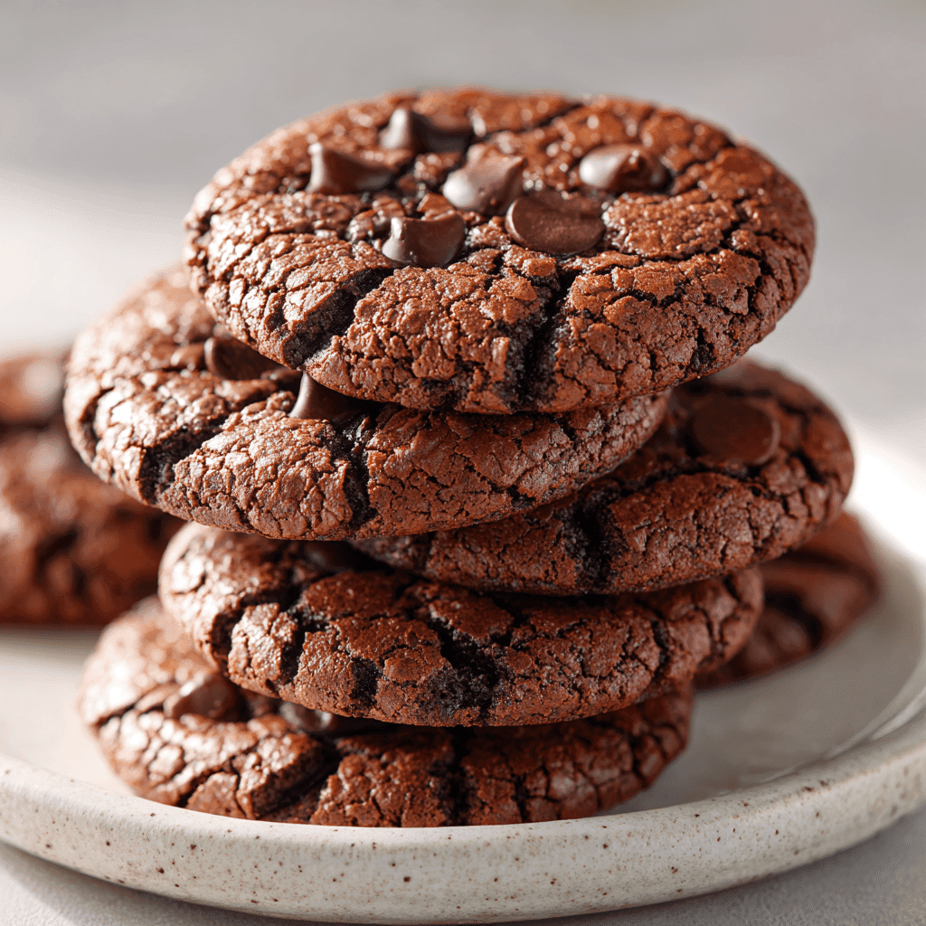 Close-up of fudgy chocolate brownie cookies on a rustic white plate in a cozy kitchen setting