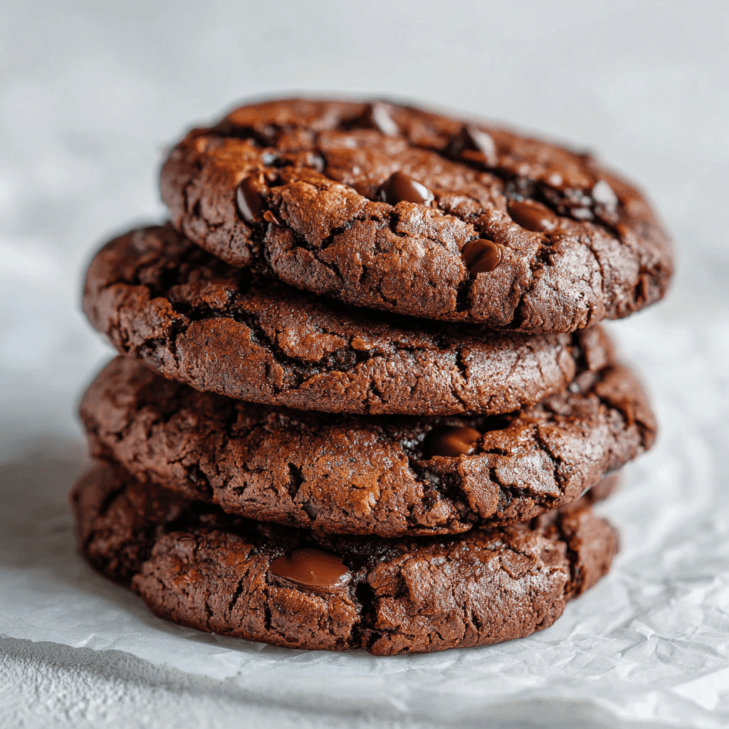 Stack of gluten-free fudgy brownie cookies on parchment paper