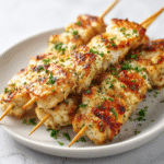 Close-up of grilled ranch garlic parmesan chicken skewers garnished with parsley on a white plate