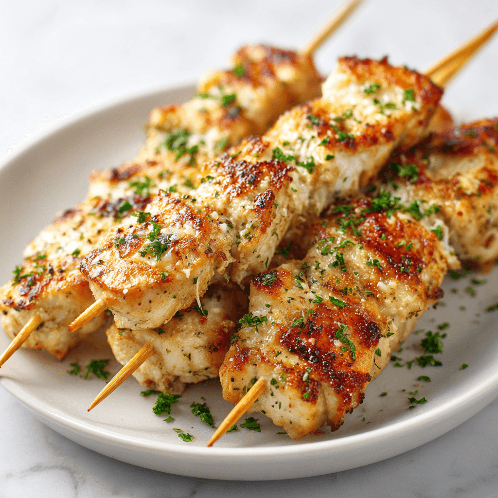 Close-up of grilled ranch garlic parmesan chicken skewers garnished with parsley on a white plate
