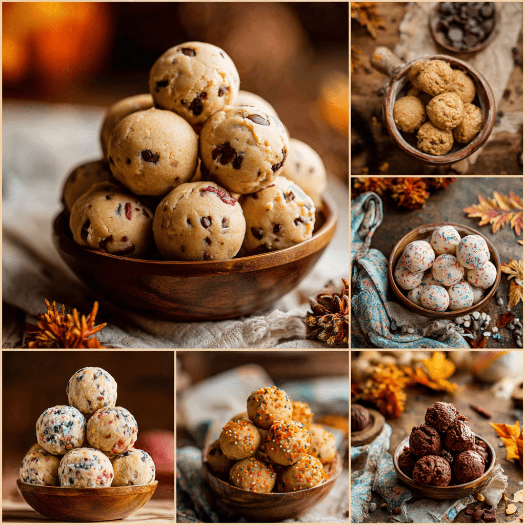 Different variations of edible cookie dough in bowls