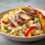 Creamy Cajun Chicken Pasta on a white plate with bell peppers and sauce