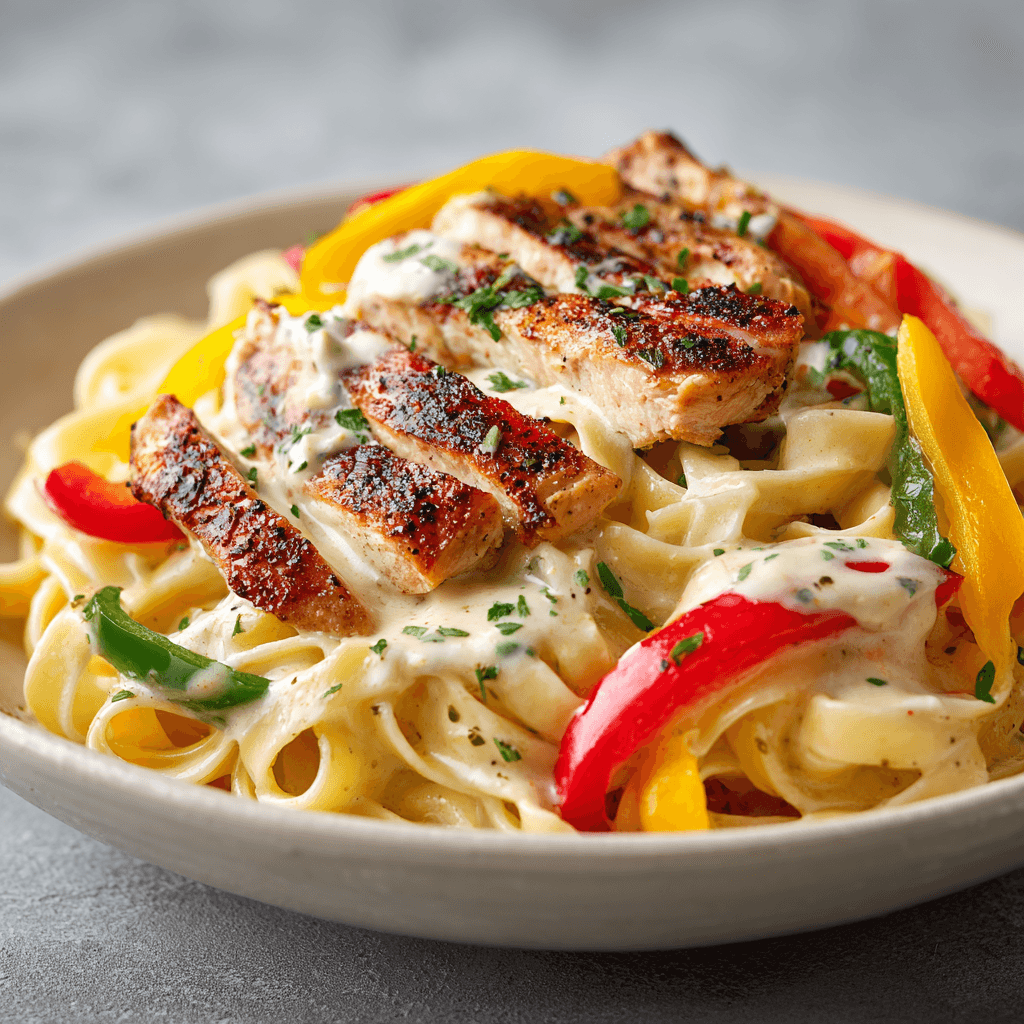 Creamy Cajun Chicken Pasta on a white plate with bell peppers and sauce