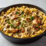 Close-up of Easy Chicken Stroganoff in skillet with noodles