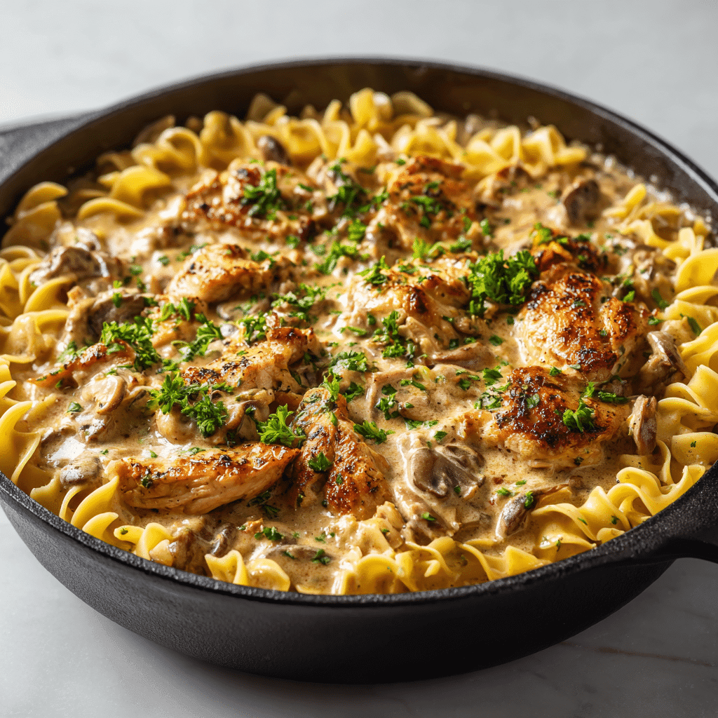 Close-up of Easy Chicken Stroganoff in skillet with noodles