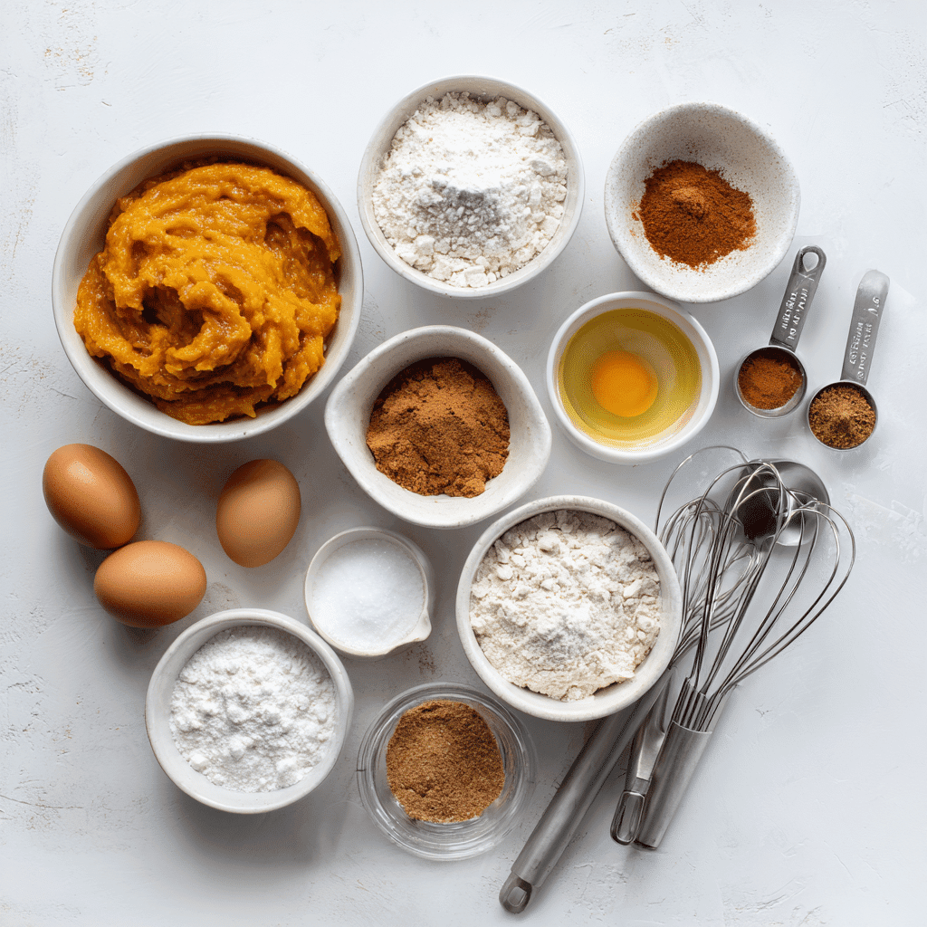 Flat lay of ingredients for pumpkin muffins on a white kitchen counter