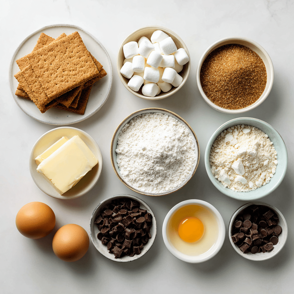 Ingredients for S'more Bars including graham crackers, chocolate chips, and marshmallows