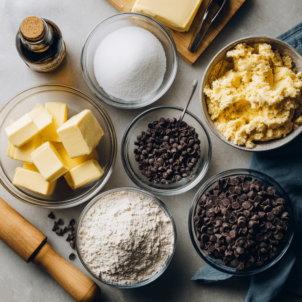 Ingredients for making edible cookie dough on a kitchen counter