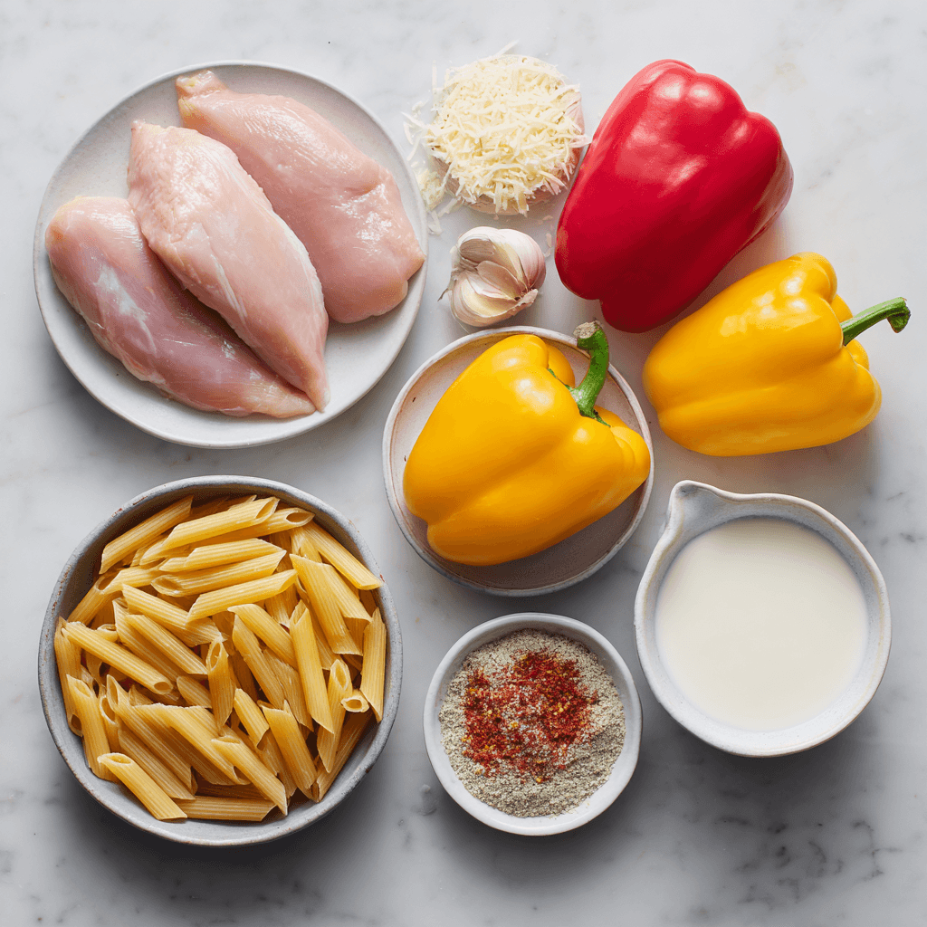 Ingredients for Creamy Cajun Chicken Pasta arranged on a countertop
