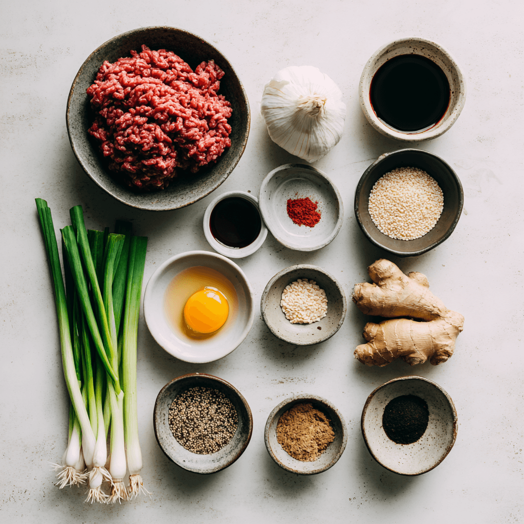Flat lay of raw ingredients for Korean ground beef bowl on a white countertop