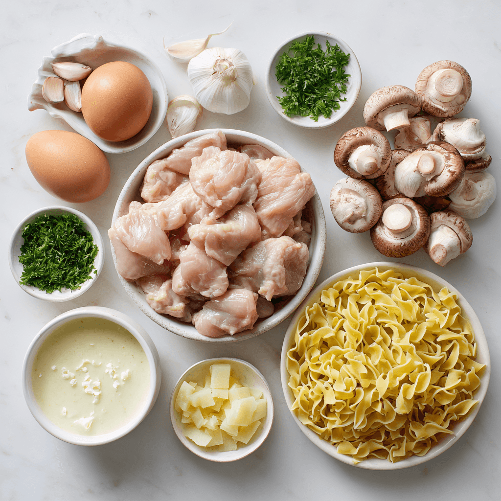 Ingredients for Easy Chicken Stroganoff on white countertop