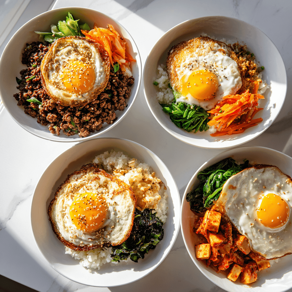 Four Korean beef bowls with different toppings like tofu, cauliflower rice, egg, and kimchi