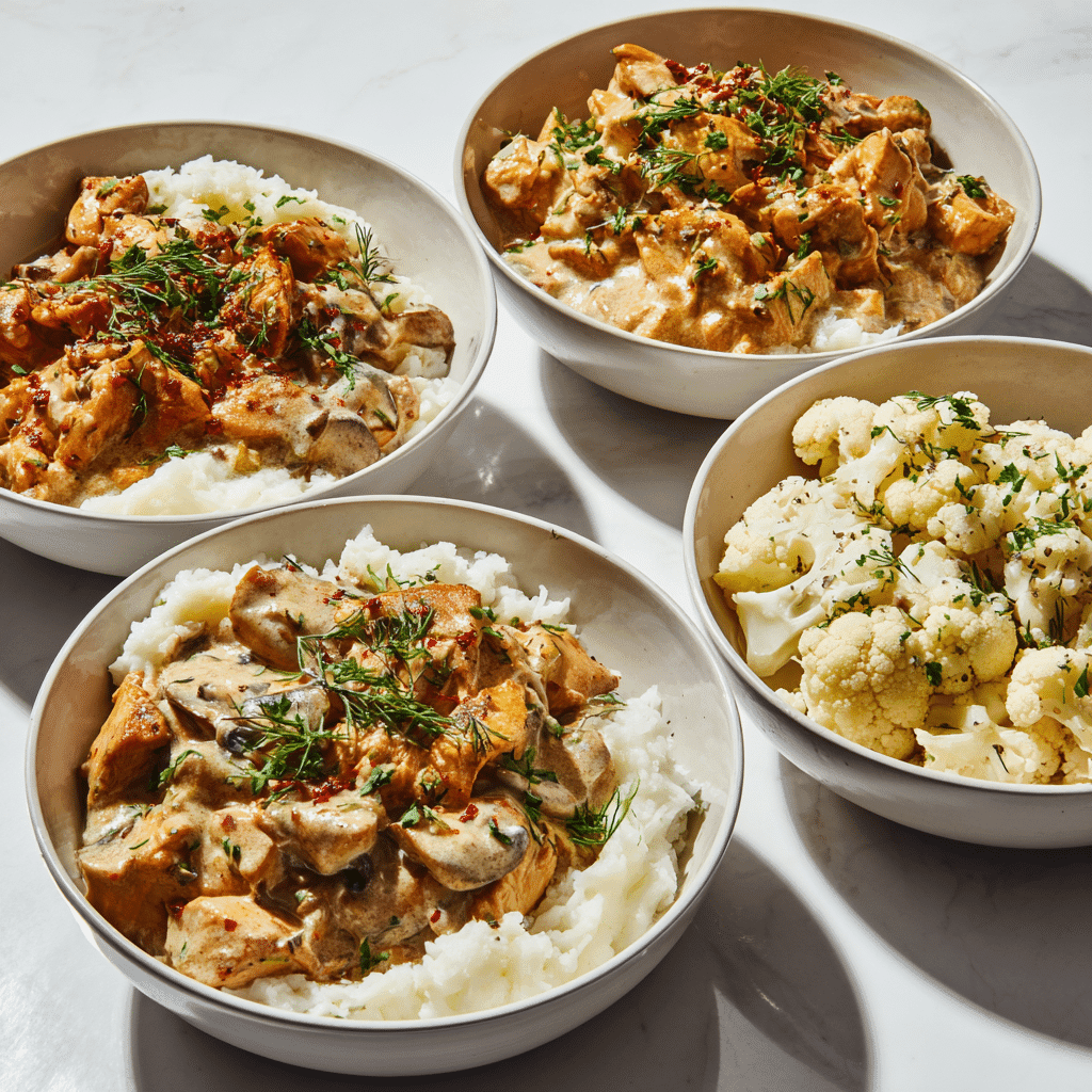 Easy Chicken Stroganoff served with different sides