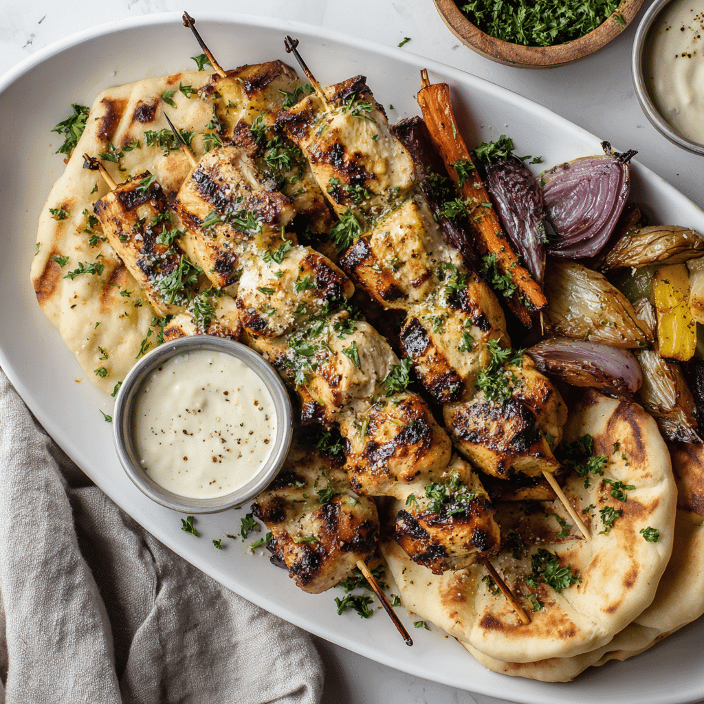 Grilled chicken skewers served on a white platter with ranch dip, parsley, and flatbread