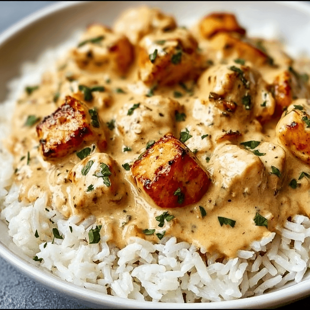 Creamy Smothered Chicken and Rice served in a skillet with parsley garnish