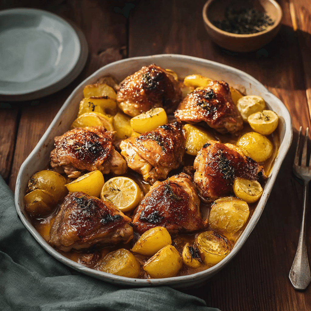 Plated Greek Honey Mustard Roast Chicken with potatoes and salad