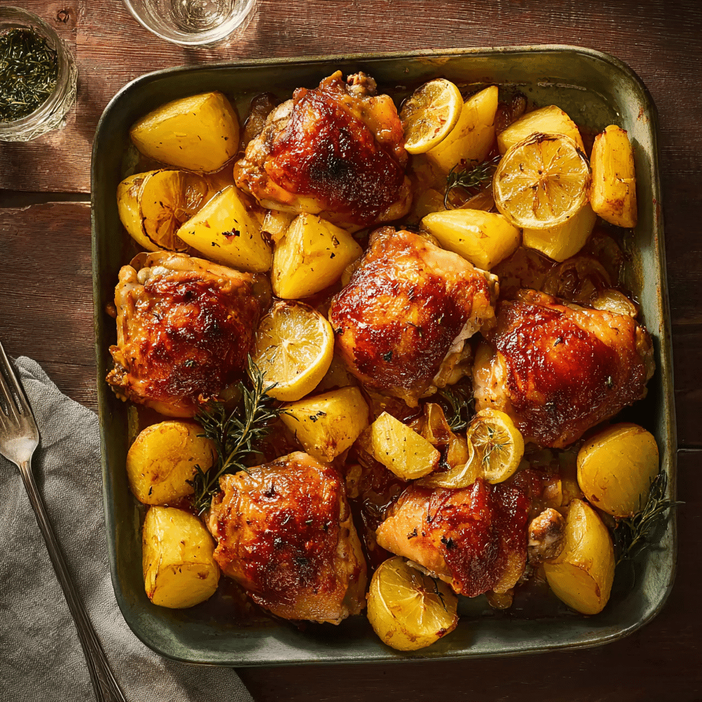 Greek Honey Mustard Roast Chicken and Potatoes in rustic baking dish