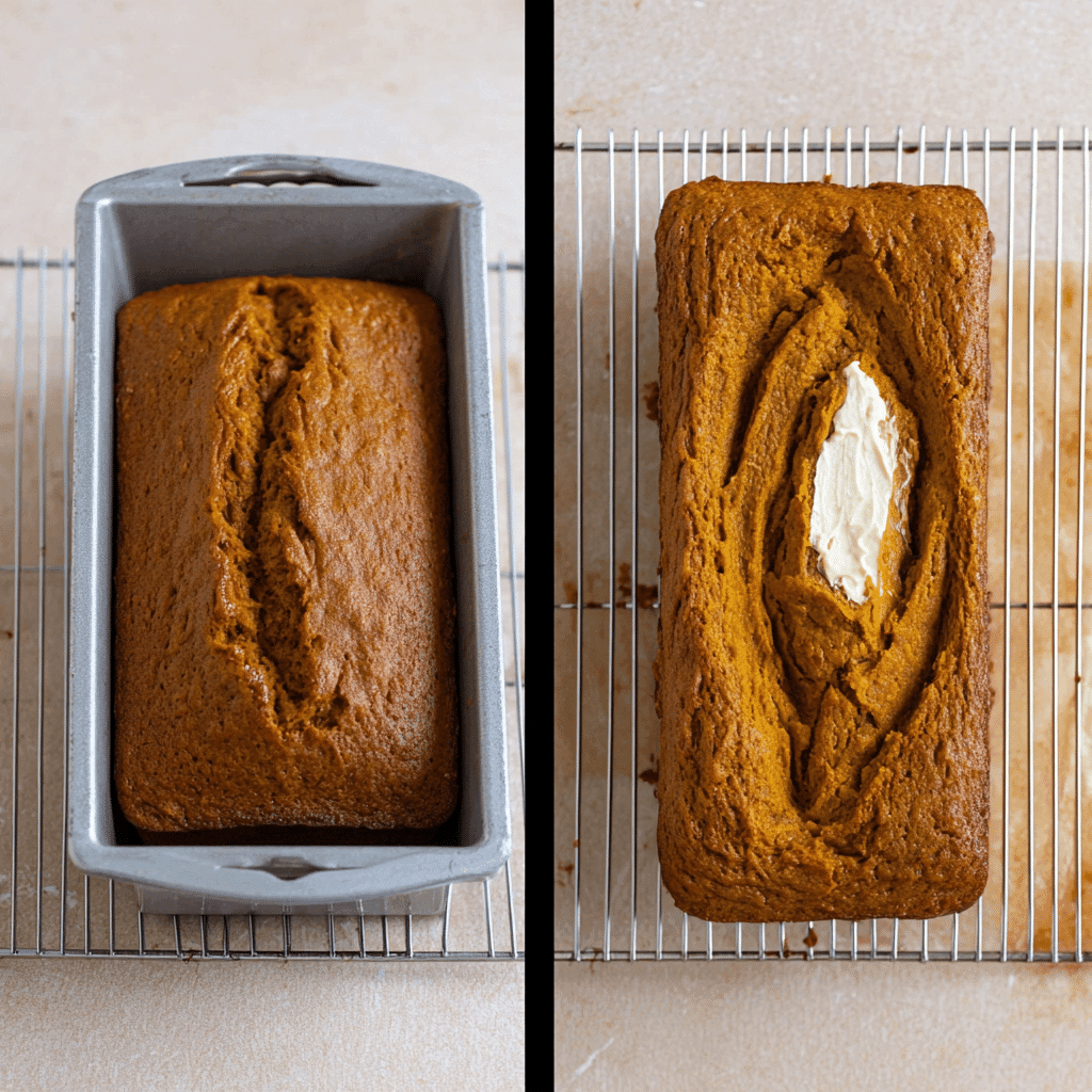 Baked Pumpkin Bread with Cream Cheese cooling on rack