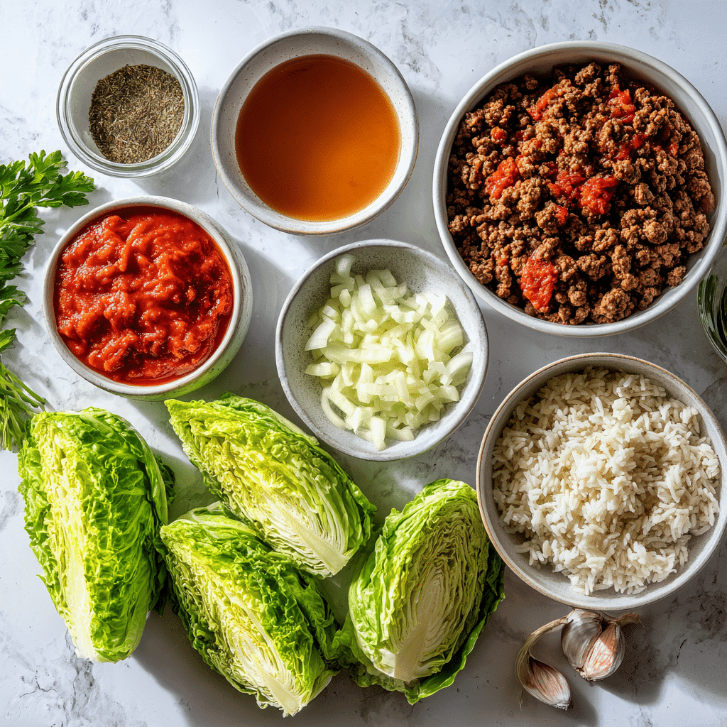 Ingredients for cabbage roll soup on a white kitchen counter.