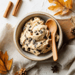 Bowl of edible cookie dough with chocolate chips and fall decor