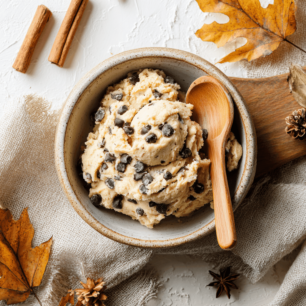 Bowl of edible cookie dough with chocolate chips and fall decor