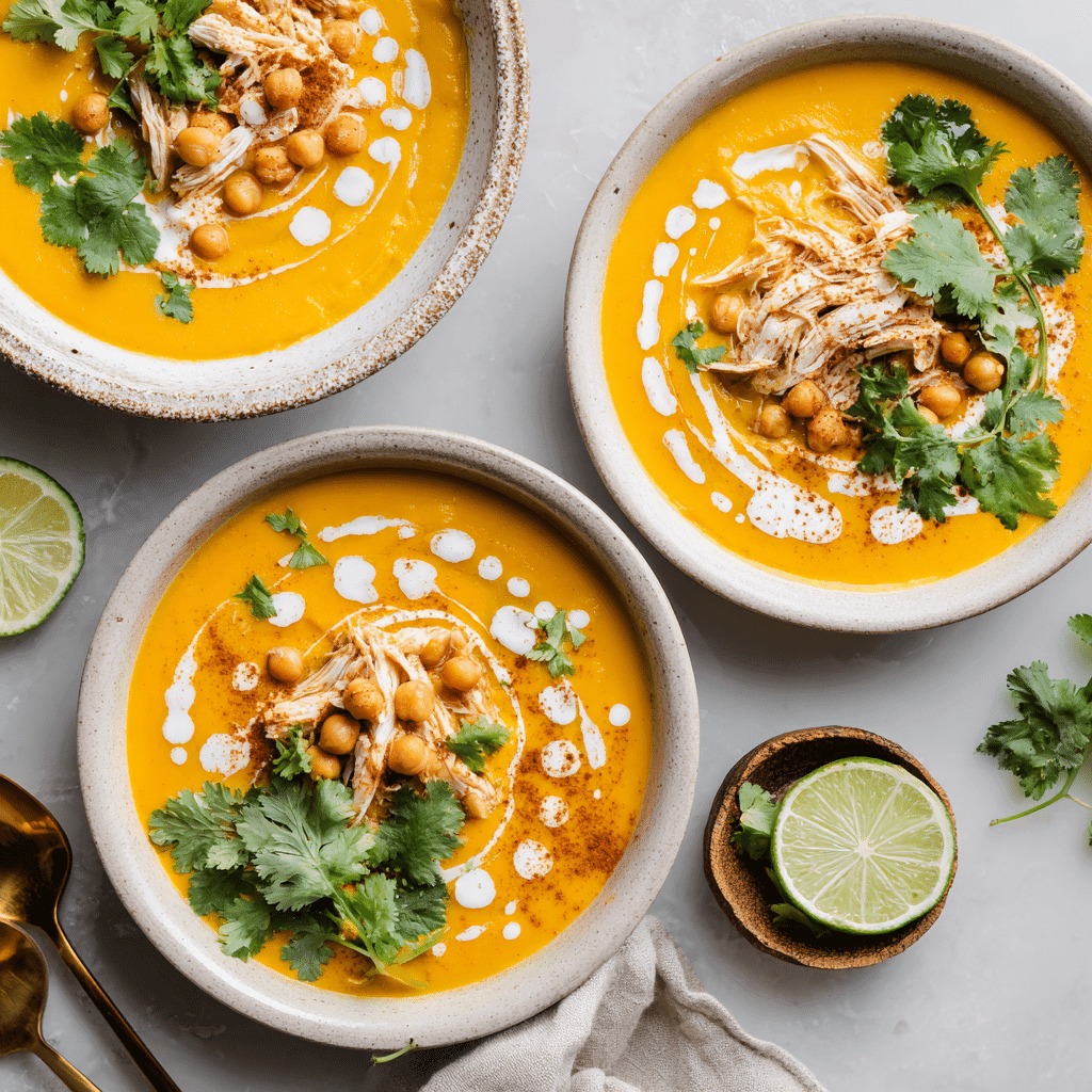 Three bowls of coconut curry pumpkin soup with different toppings including chickpeas, cinnamon drizzle, and shredded chicken.