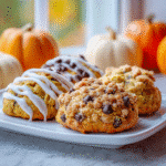 Soft pumpkin cookies with vanilla glaze on a white plate