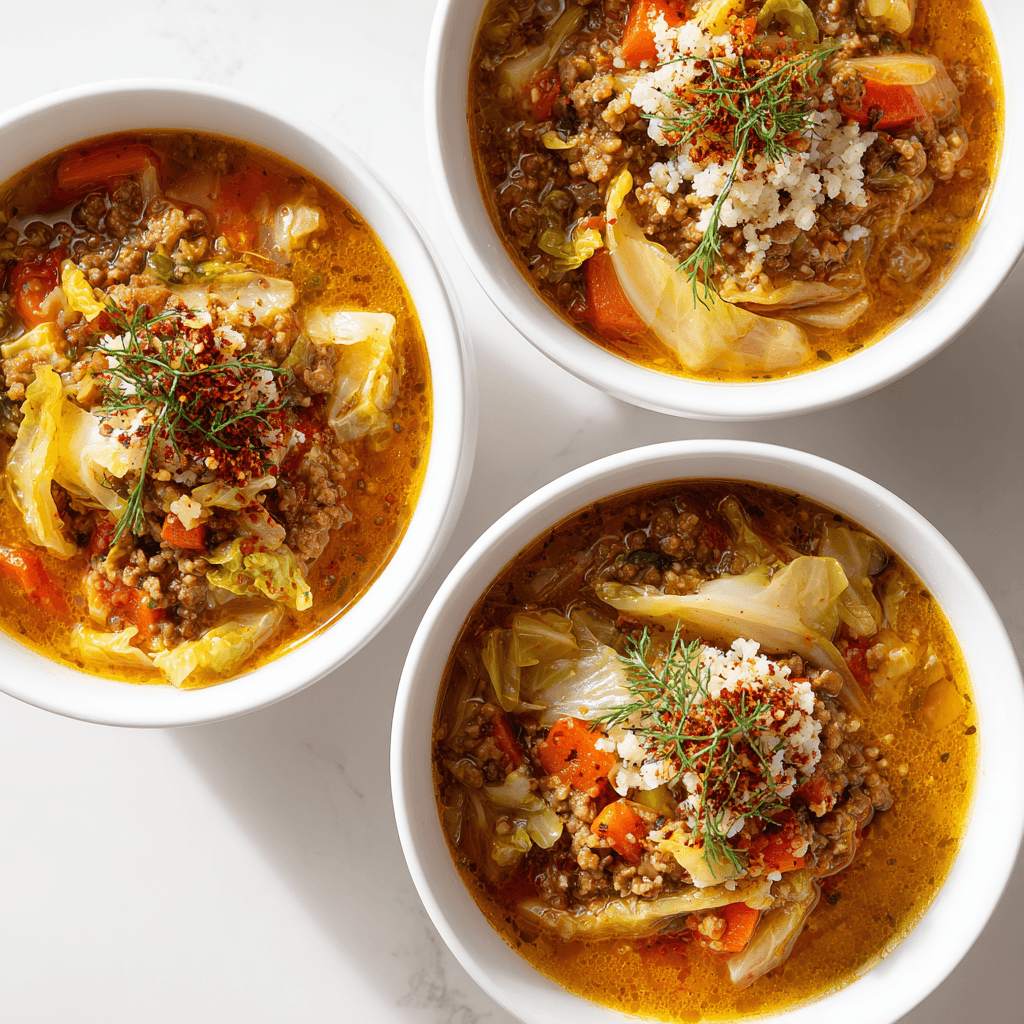 Three variations of cabbage roll soup served in white bowls.